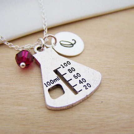 Chemistry Beaker Necklace – Sterling Silver with Birthstone & Initial Charm