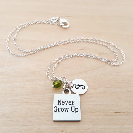 Never Grow Up Necklace – Sterling Silver with Birthstone & Initial Charm
