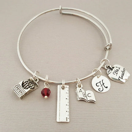 Personalized Teacher Bracelet – Adjustable Bangle with Birthstone & Initial