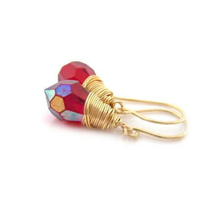 Red Czech Glass Crystal Gold Filled Wire Wrapped Dainty Drop Earrings