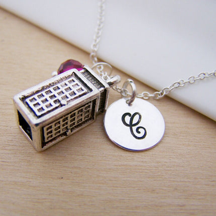 Police Box - Phone Booth Necklace – Sterling Silver with Birthstone & Initial Charm