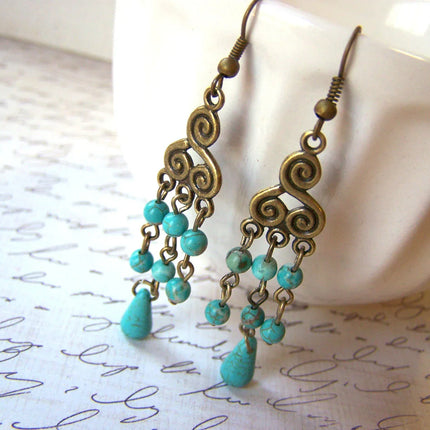 Turquoise and Antiqued Brass Dangle Earrings – Handcrafted, 2.5 Inch