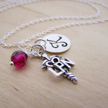 LPN Nurse Necklace – Sterling Silver with Birthstone & Initial Charm