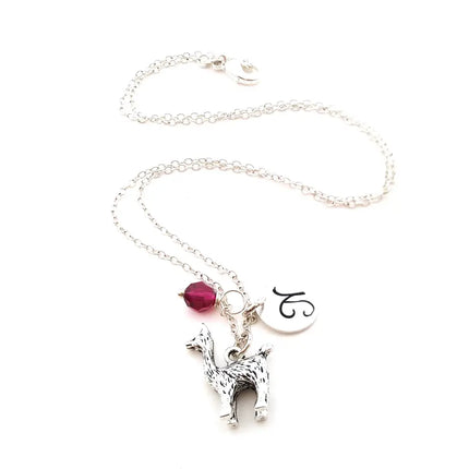Personalized Llama Necklace – Sterling Silver Chain with Birthstone & Initial