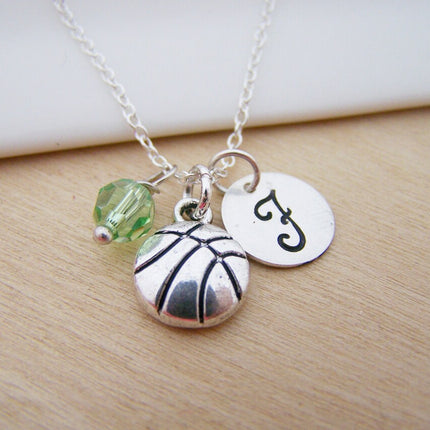 Basketball Necklace – Sterling Silver with Birthstone & Initial Charm