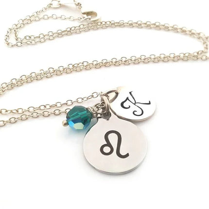 Personalized Leo Zodiac Necklace – Sterling Silver Chain with Birthstone & Initial