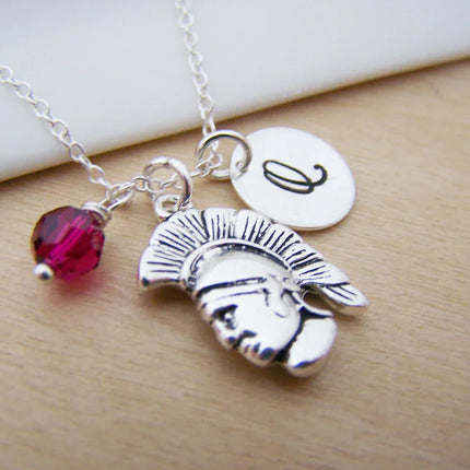 Personalized Spartan Necklace – Plated Spartan Charm with Sterling Silver Chain, Birthstone & Initial