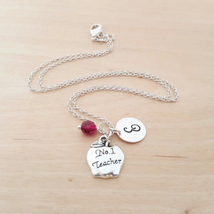 #1 Teacher Necklace – Sterling Silver Chain with Birthstone & Initial