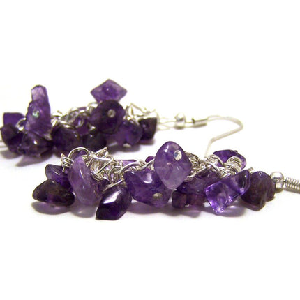Amethyst Gemstone Wire Wrapped Cluster Sterling Silver Earrings