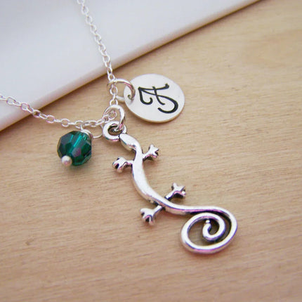 Personalized Gecko Necklace – Sterling Silver Chain with Birthstone & Initial