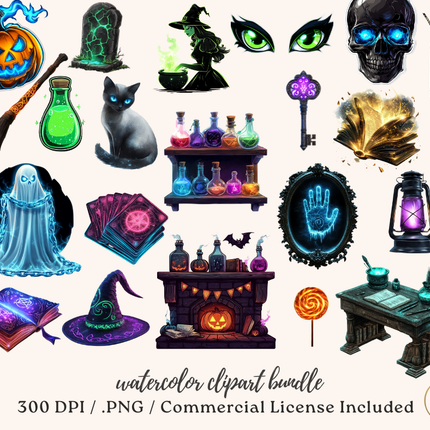 Spooky Glow Watercolor Clipart Bundle – 134 PNGs, 300 DPI, Commercial License