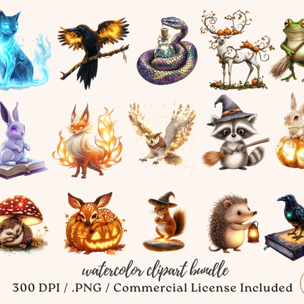 Enchanted Animals Watercolor Clipart Bundle – 107 PNGs, 300 DPI, Commercial License