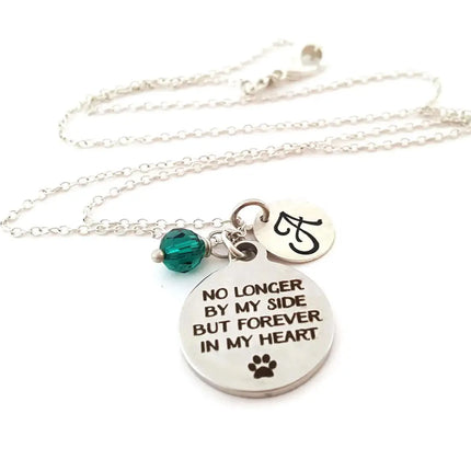 Pet Memorial Necklace – “No Longer by My Side, But Forever in My Heart” – Sterling Silver with Birthstone & Initial