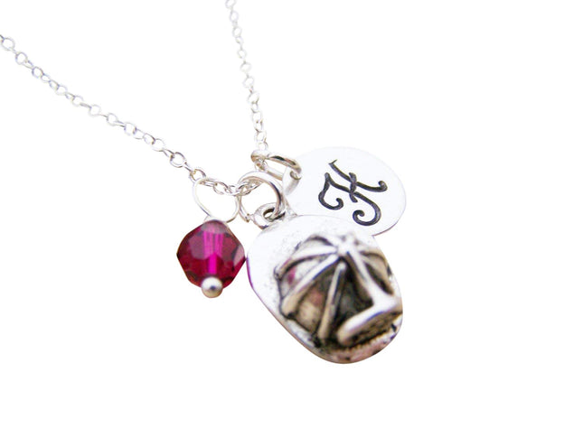 Fire Helmet Charm Necklace – Personalized Sterling Silver Jewelry with Initial & Birthstone or Pearl