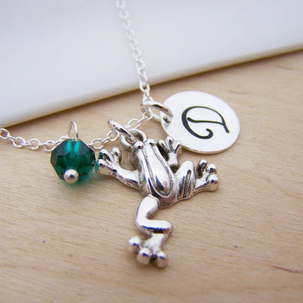 Frog Necklace – Sterling Silver with Birthstone & Initial Charm