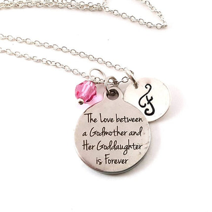 Godmother & Goddaughter Necklace – “The Love Between a Godmother and Her Goddaughter is Forever” – Sterling Silver with Birthstone & Initial