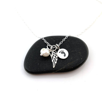 Footprint Angel Wing Necklace 925 Sterling Silver Memorial Necklace - Sympathy Jewelry