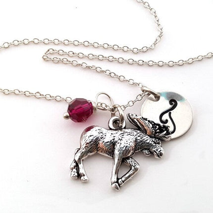 Personalized Moose Necklace – Moose Charm with Sterling Silver Chain, Birthstone & Initial