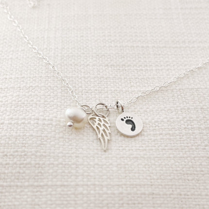 Footprint Angel Wing Necklace 925 Sterling Silver Memorial Necklace - Sympathy Jewelry
