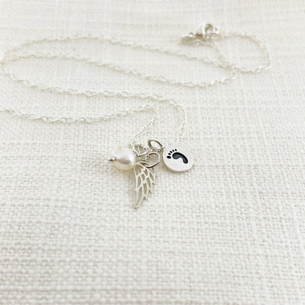 Footprint Angel Wing Necklace 925 Sterling Silver Memorial Necklace - Sympathy Jewelry
