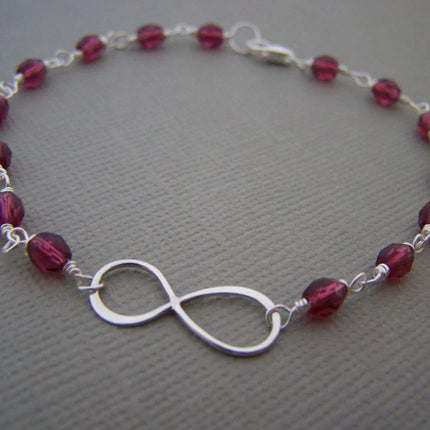 Fuchsia Czech Glass Sterling Silver Infinity Wire Wrapped Bracelet