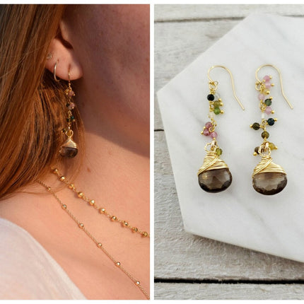 Smokey Topaz and Rainbow Tourmaline Gemstone 14k Gold Filled Earrings