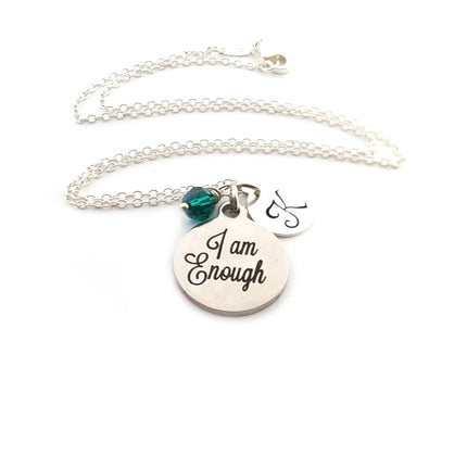 I Am Enough Necklace – Sterling Silver with Birthstone & Initial Charm
