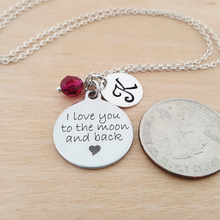 I Love You to the Moon and Back Necklace – Sterling Silver with Birthstone & Initial Charm