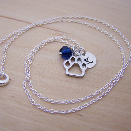 Paw Print Necklace – Sterling Silver with Birthstone & Initial Charm