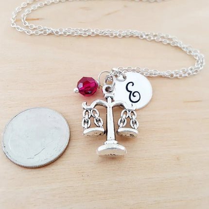 Justice Scales Necklace – Sterling Silver Chain with Personalized Birthstone & Initial