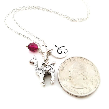Personalized Llama Necklace – Sterling Silver Chain with Birthstone & Initial