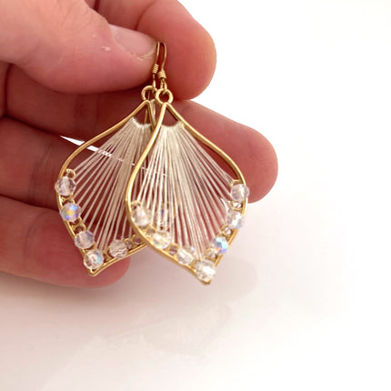 White Woven Thread and Crystal Beaded Earrings