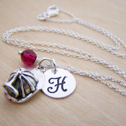 Fire Helmet Charm Necklace – Personalized Sterling Silver Jewelry with Initial & Birthstone or Pearl