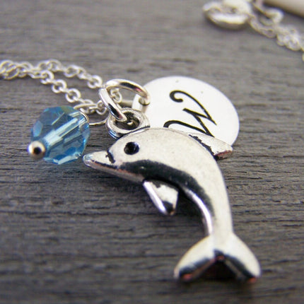 Personalized Dolphin Necklace – Sterling Silver Chain with Birthstone & Initial