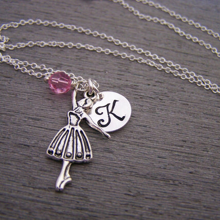 Personalized Ballerina Necklace – Sterling Silver Chain with Birthstone & Initial