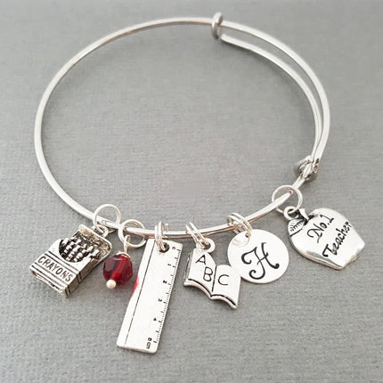 Personalized Teacher Bracelet – Adjustable Bangle with Birthstone & Initial