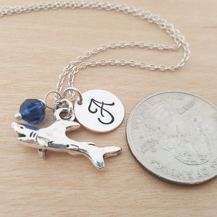 Shark Necklace – Sterling Silver with Birthstone & Initial Charm