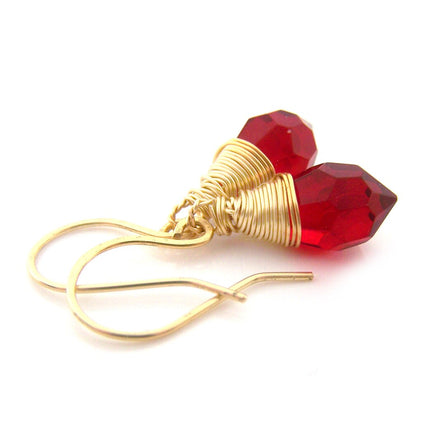Red Czech Glass Crystal Gold Filled Wire Wrapped Dainty Drop Earrings