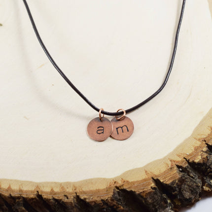 Personalized Copper Initial Necklace for Men – Hand Stamped Leather Cord Necklace – Custom Initial Jewelry Gift for Him