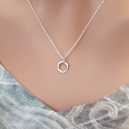 Tiny Hexagon Necklace – Sterling Silver Honeycomb Charm on 18" Chain