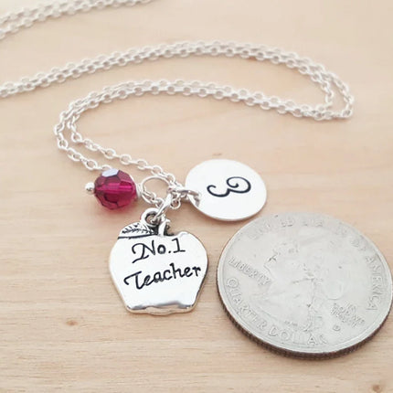 #1 Teacher Necklace – Sterling Silver Chain with Birthstone & Initial