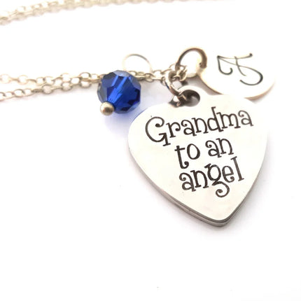 Grandma to an Angel Necklace – Sterling Silver with Birthstone & Initial Charm