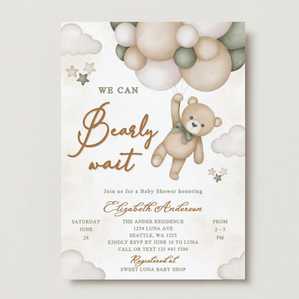 We Can Bearly Wait Baby Shower Invitation – Editable Canva Template