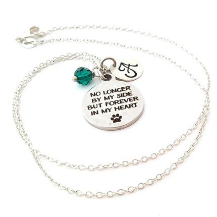 Pet Memorial Necklace – “No Longer by My Side, But Forever in My Heart” – Sterling Silver with Birthstone & Initial