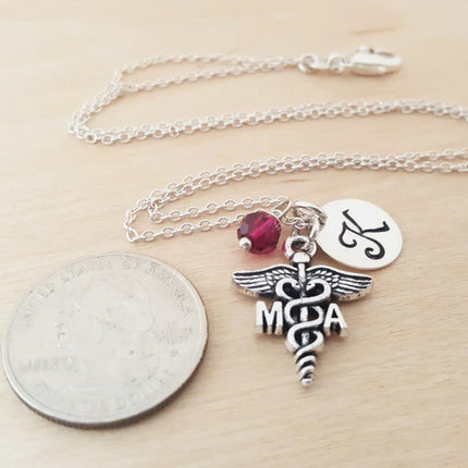 Medical Assistant Necklace – Sterling Silver with Birthstone & Initial Charm