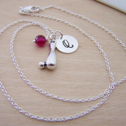 Personalized Bowling Necklace – Sterling Silver Chain with Birthstone & Initial