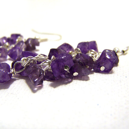 Amethyst Gemstone Wire Wrapped Cluster Sterling Silver Earrings