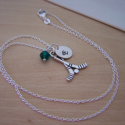 Hockey Stick Necklace – Sterling Silver with Birthstone & Initial Charm