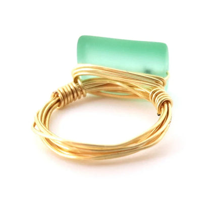 Aqua Sea Glass Ring - Gold Wire Wrapped Ring - Ring Size 6