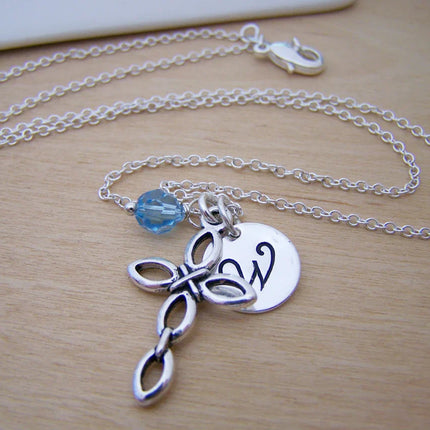 Personalized Cross Necklace – Sterling Silver Chain with Birthstone & Initial
